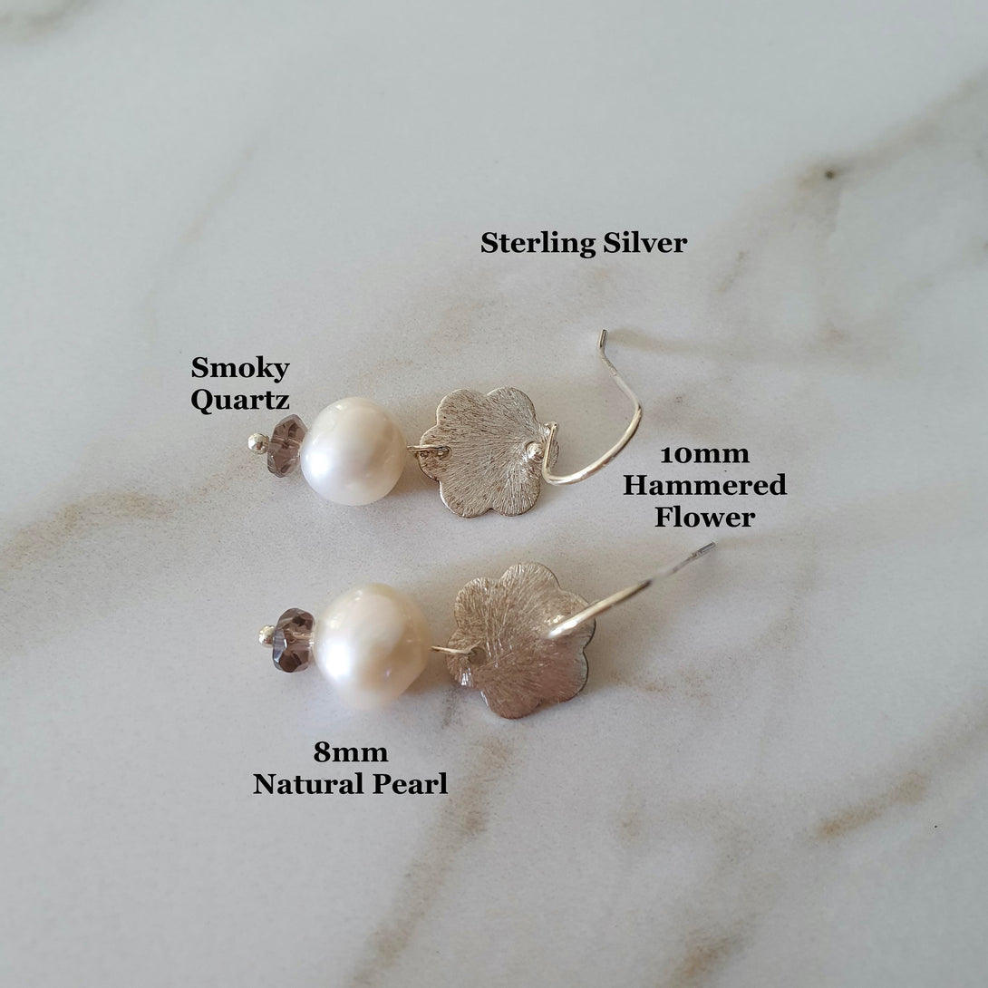 Flower, Pearl And Smoky Quartz Sterling Silver Drop Earrings, June And October Birthstone Jewellery