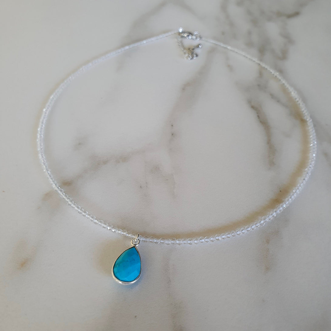 Dainty Clear Quartz Bead Necklace Choker With Turquoise Gemstone Charm, April And December Birthstone Jewellery