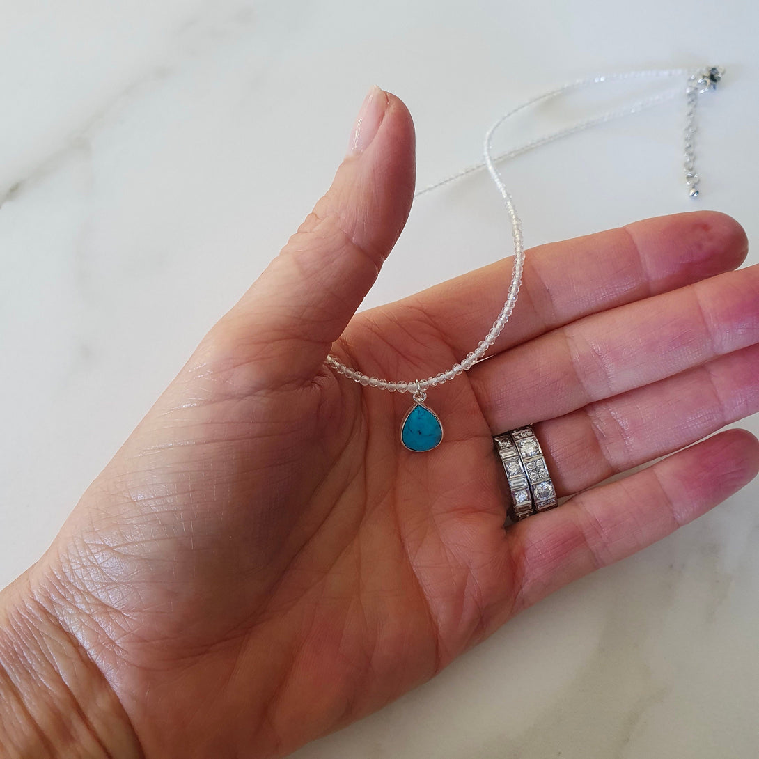 Dainty Clear Quartz Bead Necklace Choker With Turquoise Gemstone Charm, April And December Birthstone Jewellery