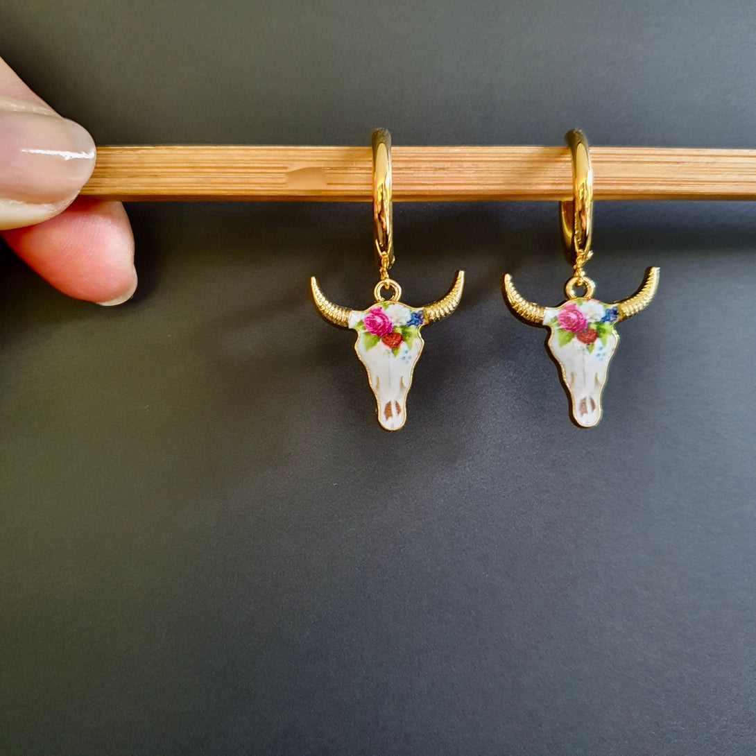 Titanium Bohemian Cow Skull Hoop Earrings, Symbolic Jewellery