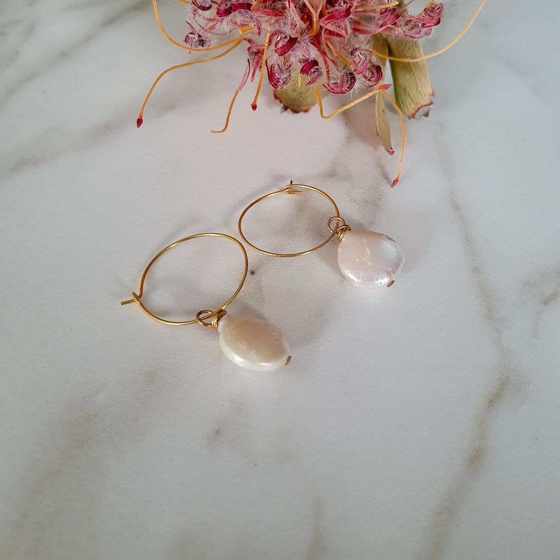 Gold Coin Pearl Hoop Earrings, Symbolic June Birthstone Jewellery