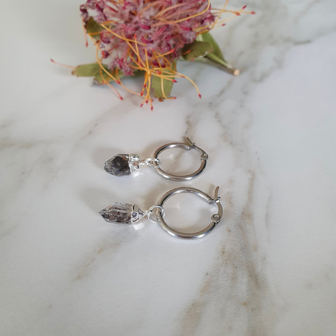 Titanium Herkimer Diamond Creole Hoop Earrings, Healing April Birthstone Jewellery, Raw Stone