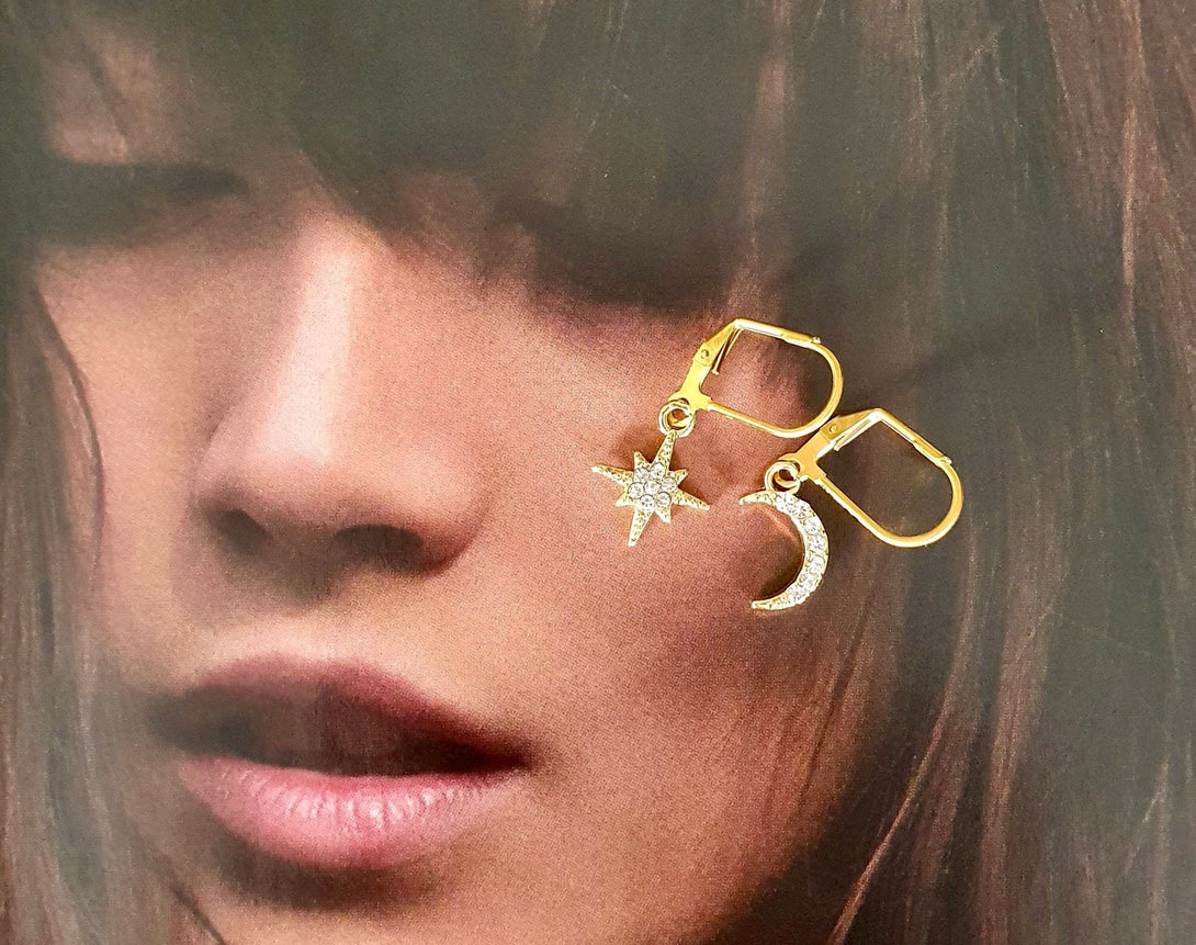 Crescent Moon And Star Gold Hoop Earrings, Asymmetrical Jewellery