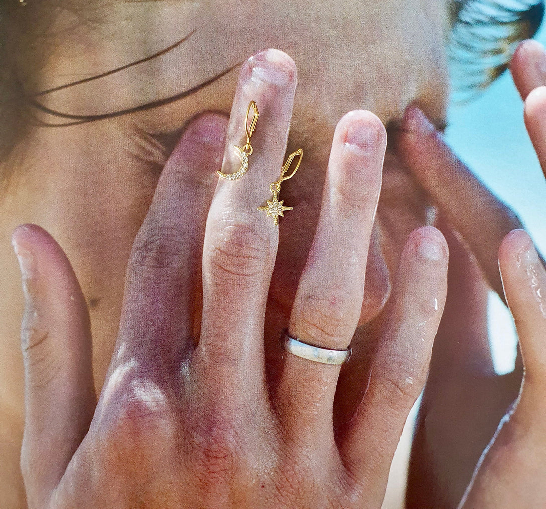 Crescent Moon And Star Gold Hoop Earrings, Asymmetrical Jewellery