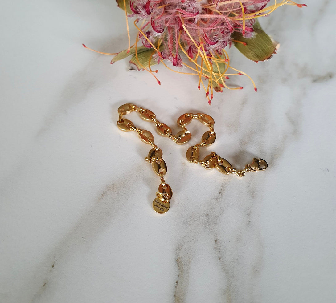 Coffee Bean Link Unisex Gold Chain Link Bracelet