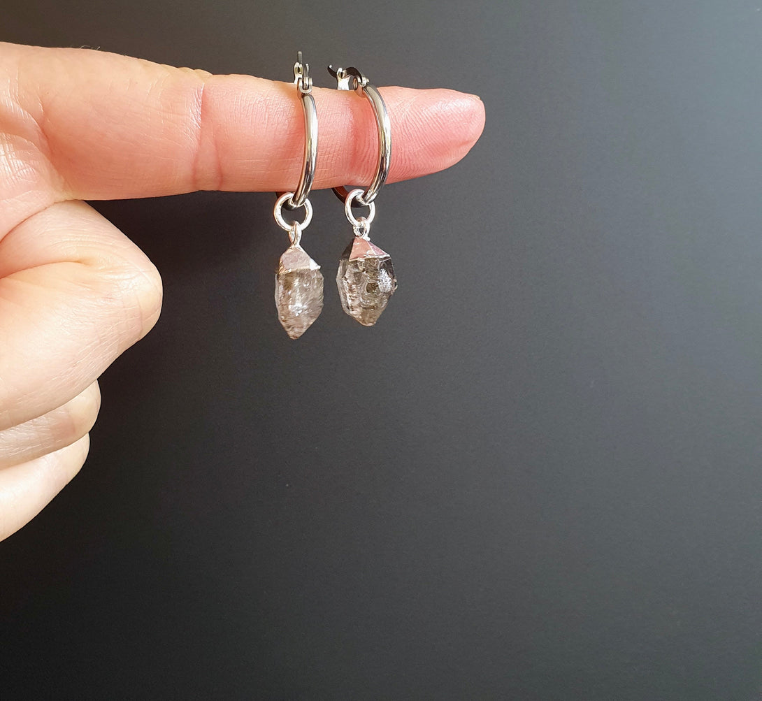 Titanium Herkimer Diamond Creole Hoop Earrings, Healing April Birthstone Jewellery, Raw Stone