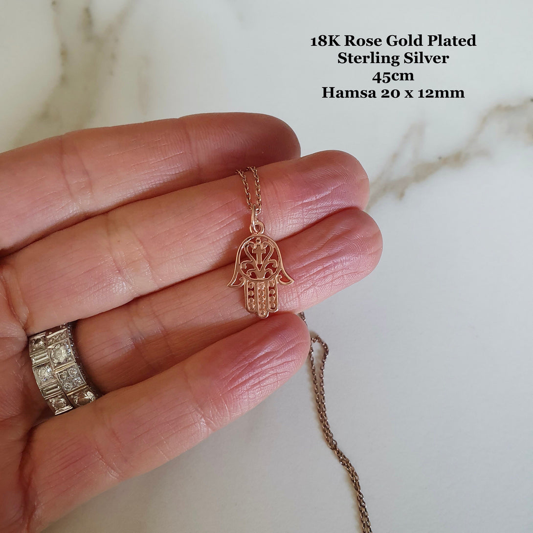 Rose Gold Hamsa And Cross Necklace, Symbolic, Protective Jewellery