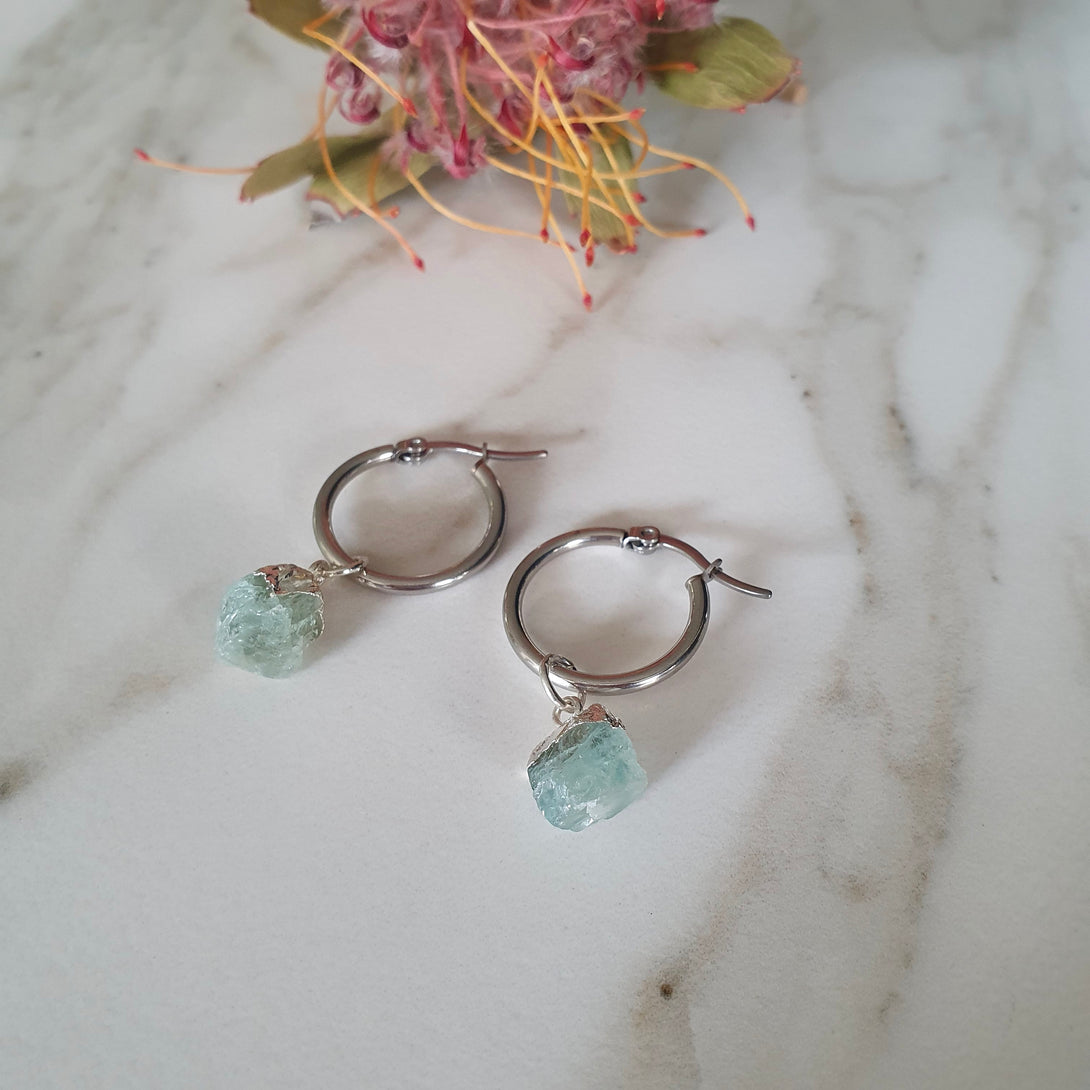 Titanium And Raw Aquamarine Creole Hoop Earrings, March Birthstone Jewellery