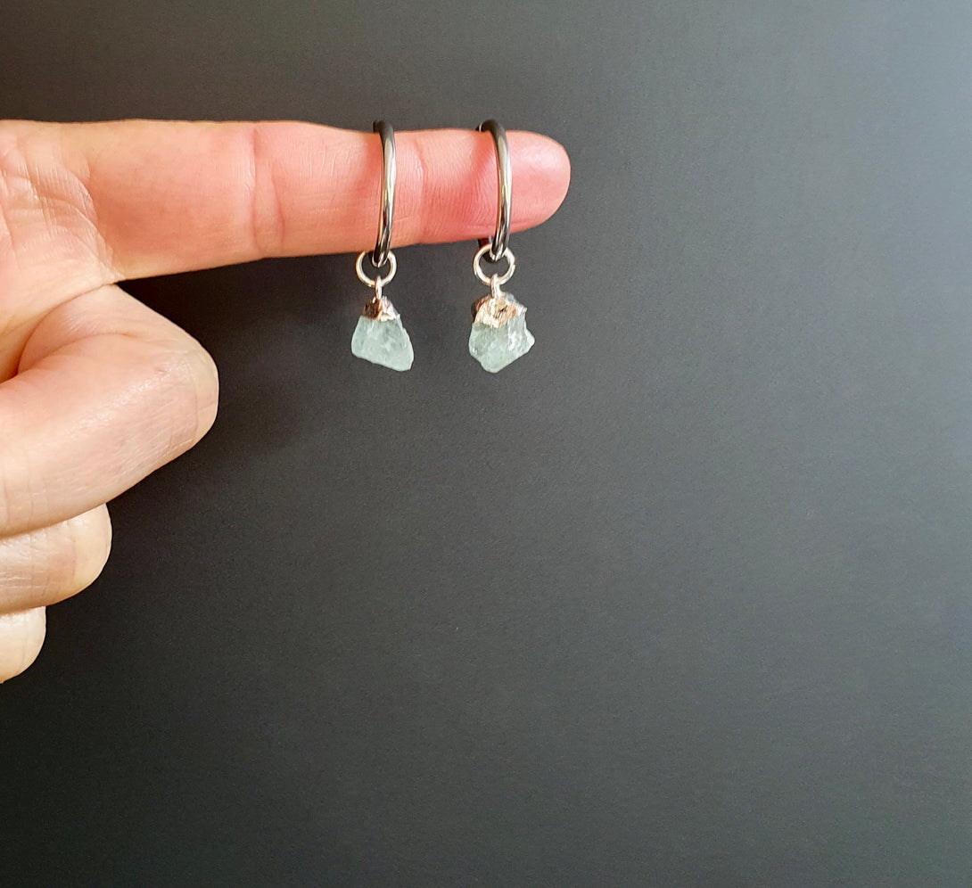 Titanium And Raw Aquamarine Creole Hoop Earrings, March Birthstone Jewellery