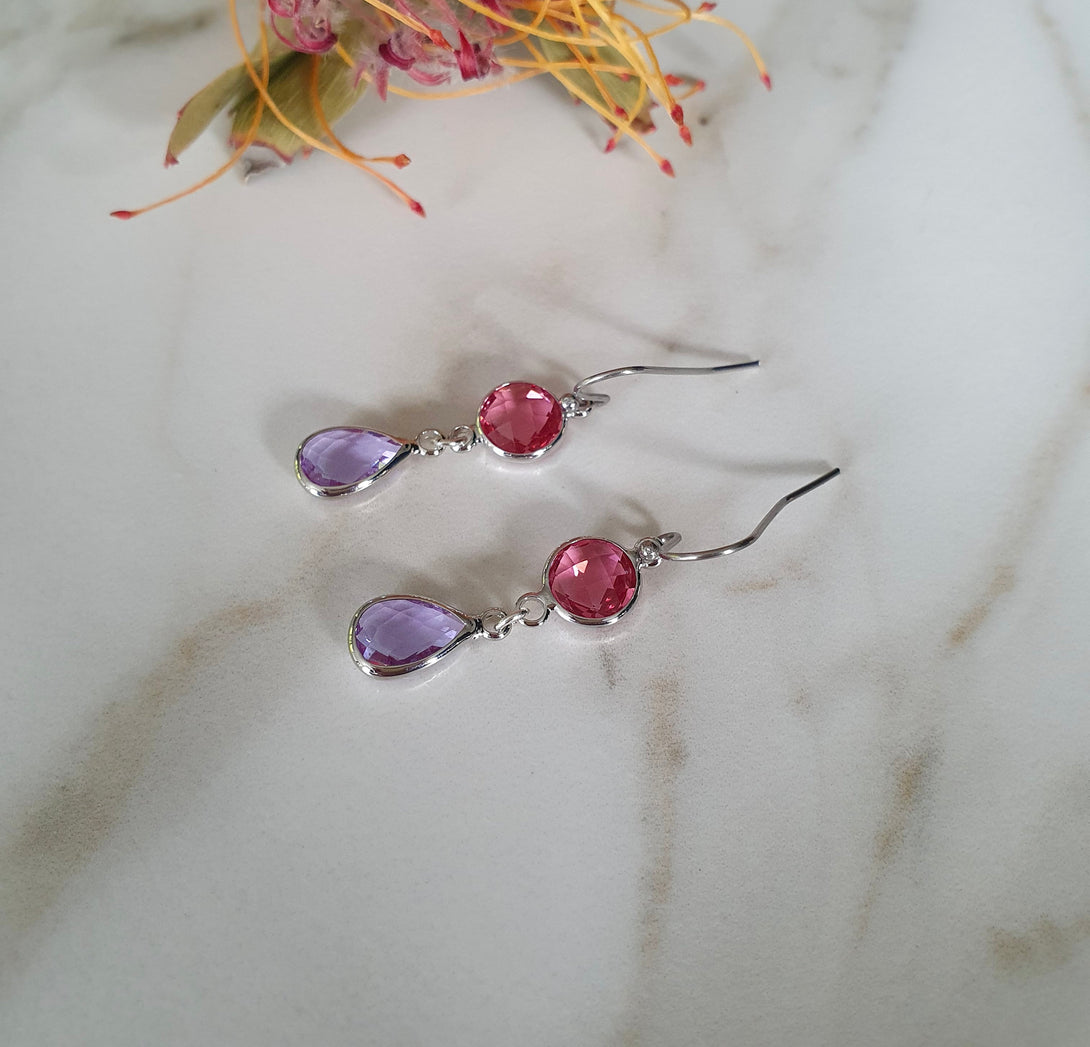 Pink And Purple Austrian Crystal Drop Earrings, Light Weight, Hypoallergenic