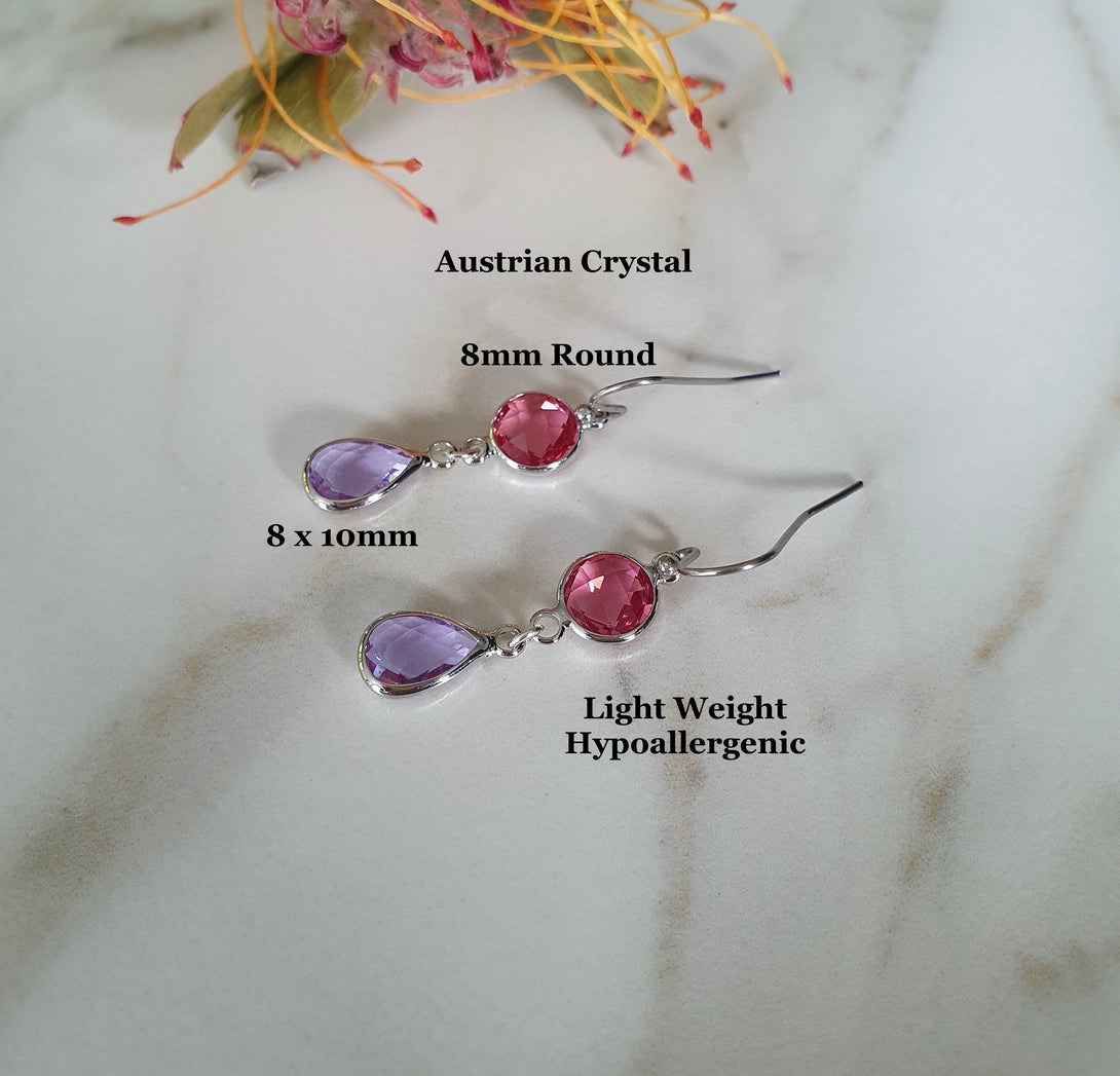 Pink And Purple Austrian Crystal Drop Earrings, Light Weight, Hypoallergenic