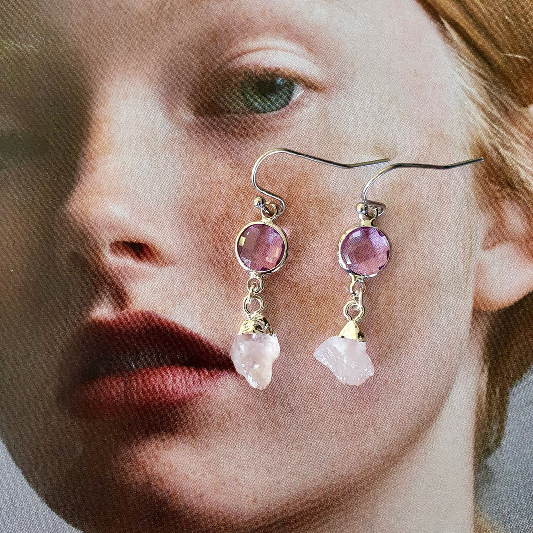 Crystal And Raw Rose Quartz Nugget Drop Earrings, January Birthstone Jewellery