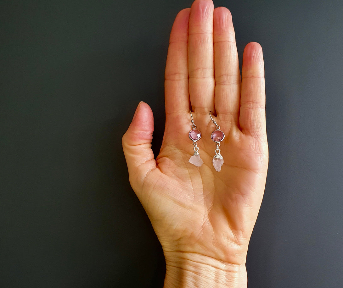 Crystal And Raw Rose Quartz Nugget Drop Earrings, January Birthstone Jewellery