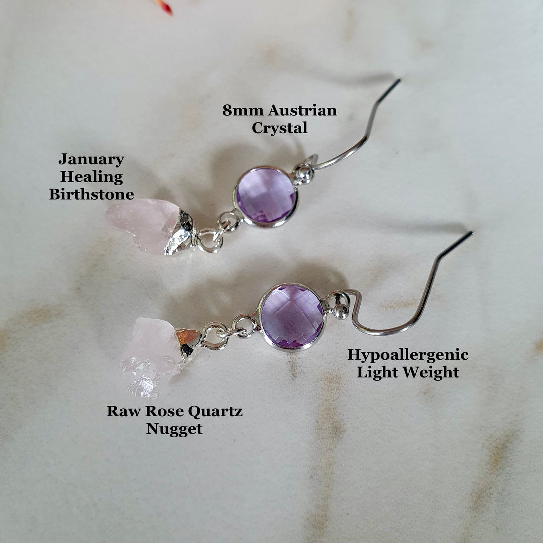 Crystal And Raw Rose Quartz Nugget Drop Earrings, January Birthstone Jewellery