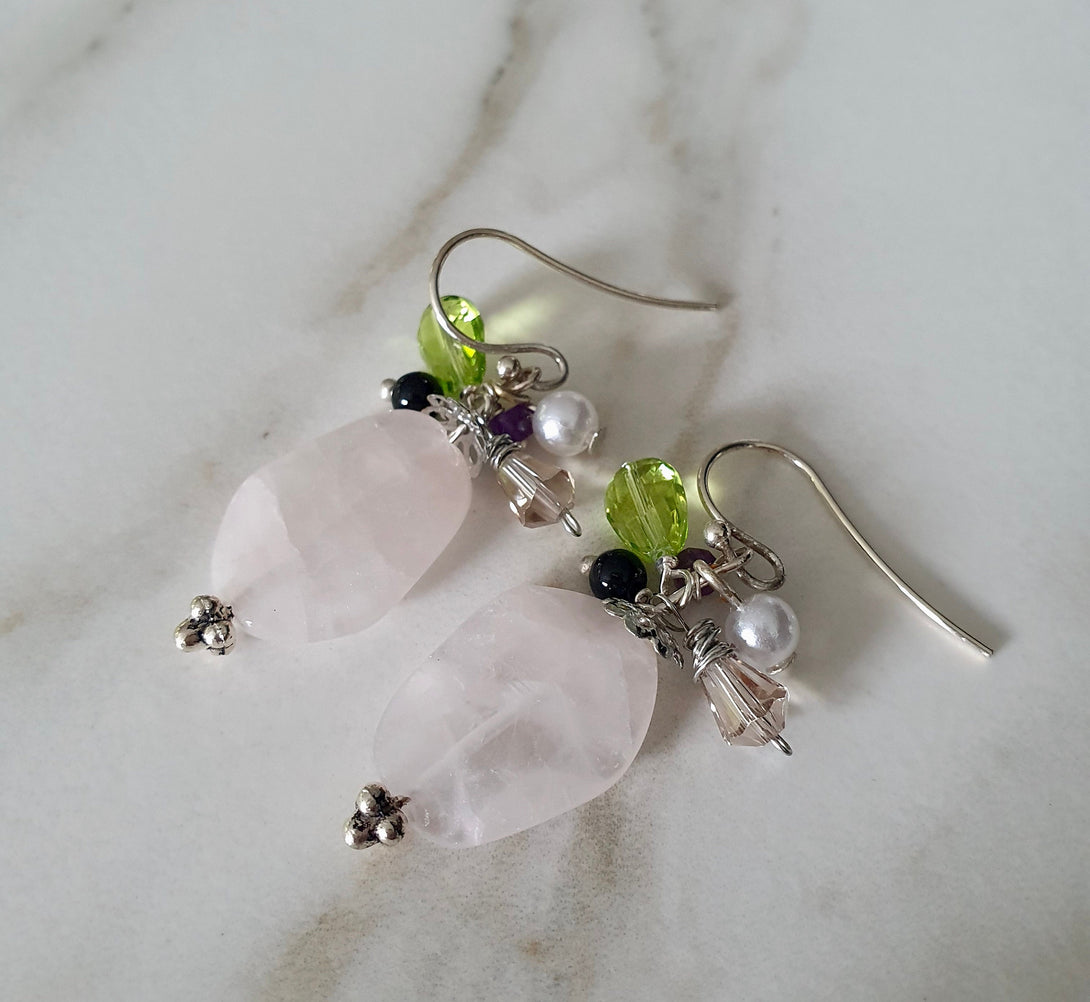 Sterling Silver Rose Quartz Cluster Earrings, Healing January Birthstone