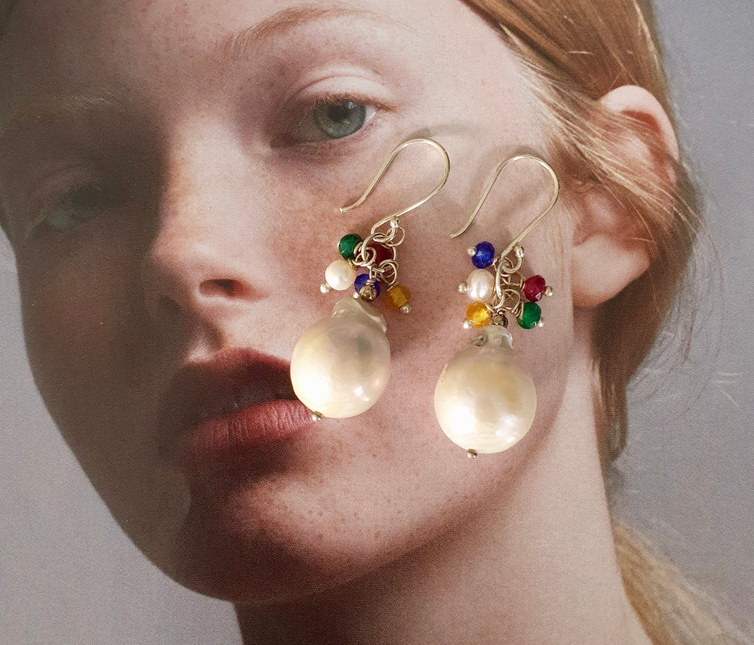 Stunning Baroque Pearl Earrings With Sapphire, Ruby And Emerald Cluster, May, June, July And September Birthstone Jewellery