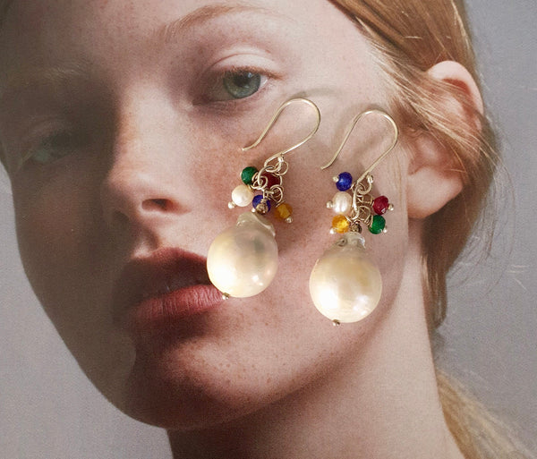 Stunning Baroque Pearl Earrings With Sapphire, Ruby And Emerald Cluster, May, June, July And September Birthstone Jewellery