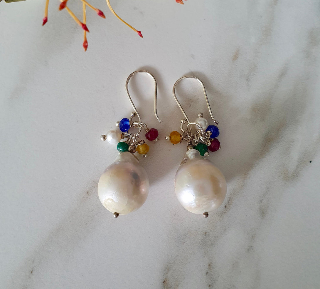 Stunning Baroque Pearl Earrings With Sapphire, Ruby And Emerald Cluster, May, June, July And September Birthstone Jewellery