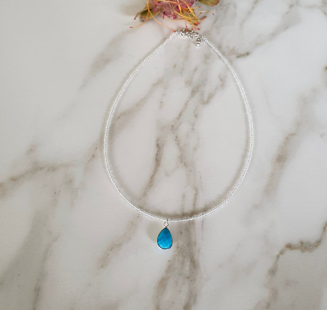 Dainty Clear Quartz Bead Necklace Choker With Turquoise Gemstone Charm, April And December Birthstone Jewellery