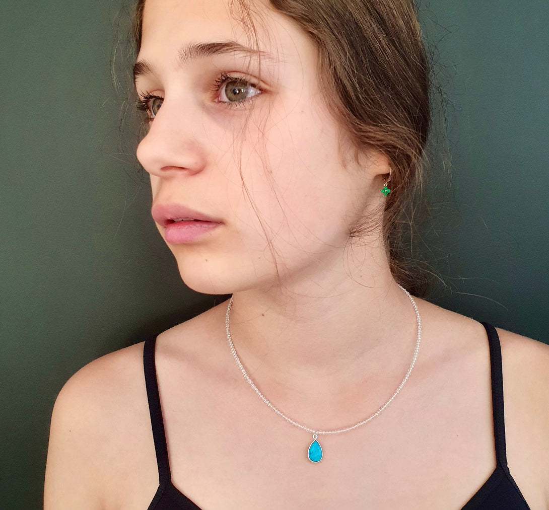 Dainty Clear Quartz Bead Necklace Choker With Turquoise Gemstone Charm, April And December Birthstone Jewellery