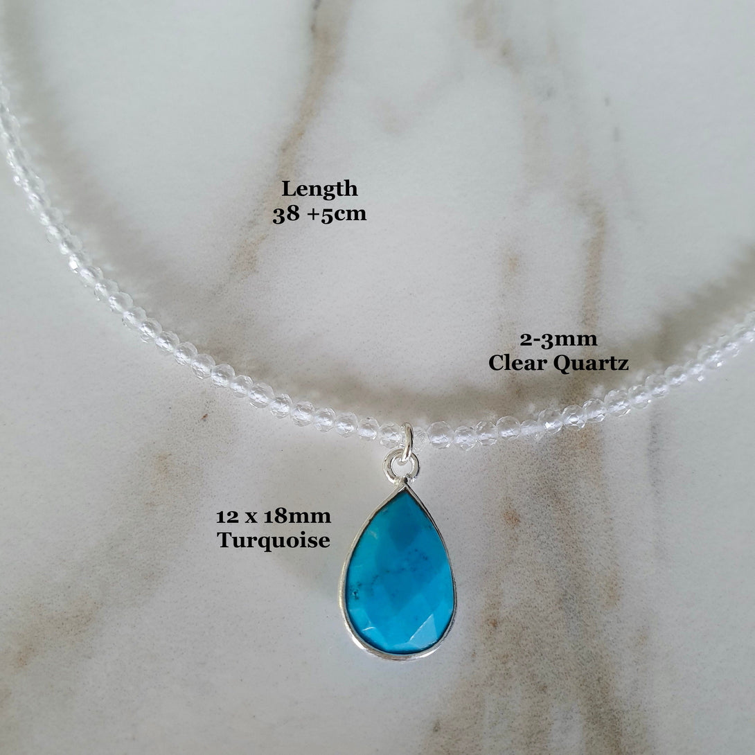 Dainty Clear Quartz Bead Necklace Choker With Turquoise Gemstone Charm, April And December Birthstone Jewellery