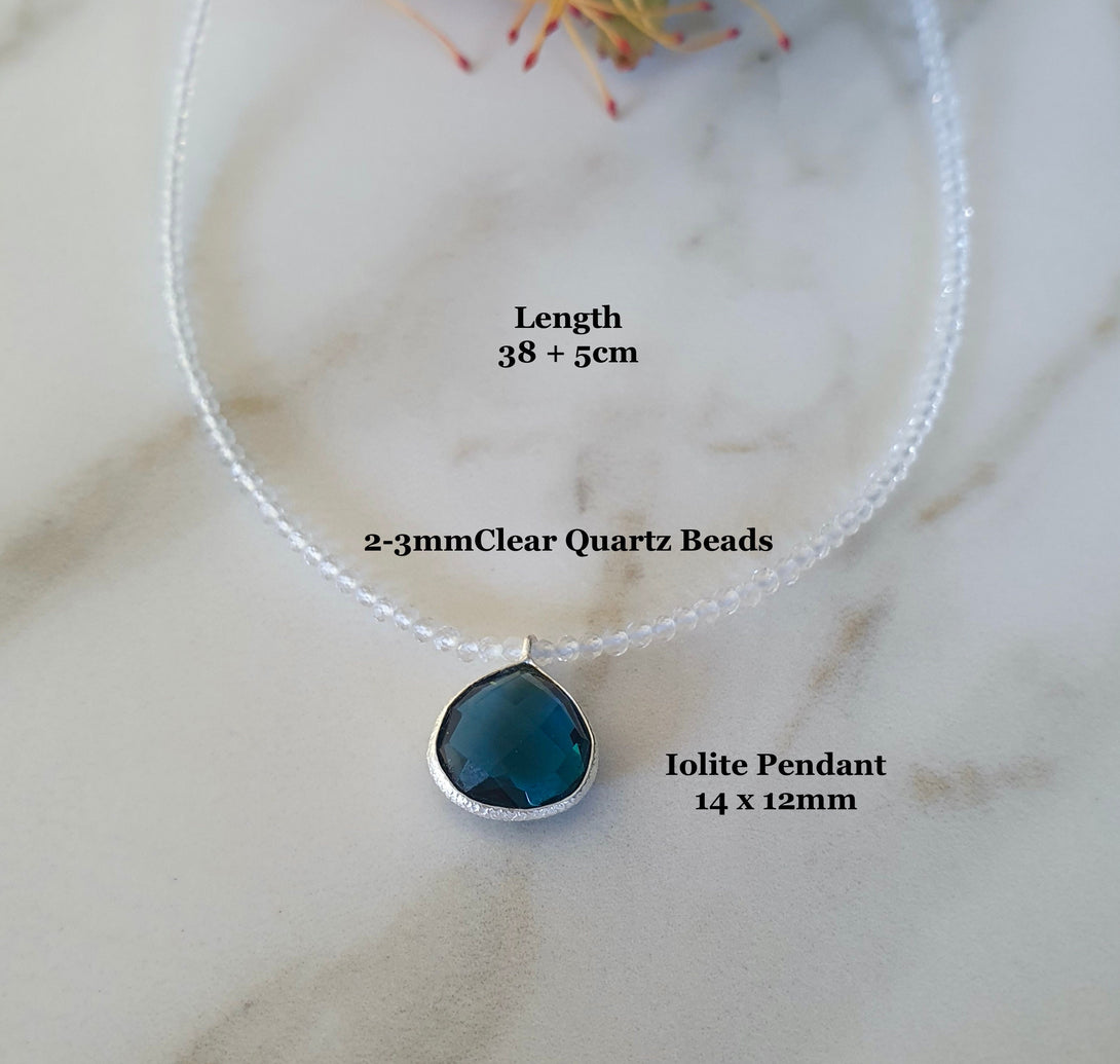 Dainty Clear Quartz And Iolite Bead Choker Necklace, April And September Birthstone Jewellery, Indigo Blue