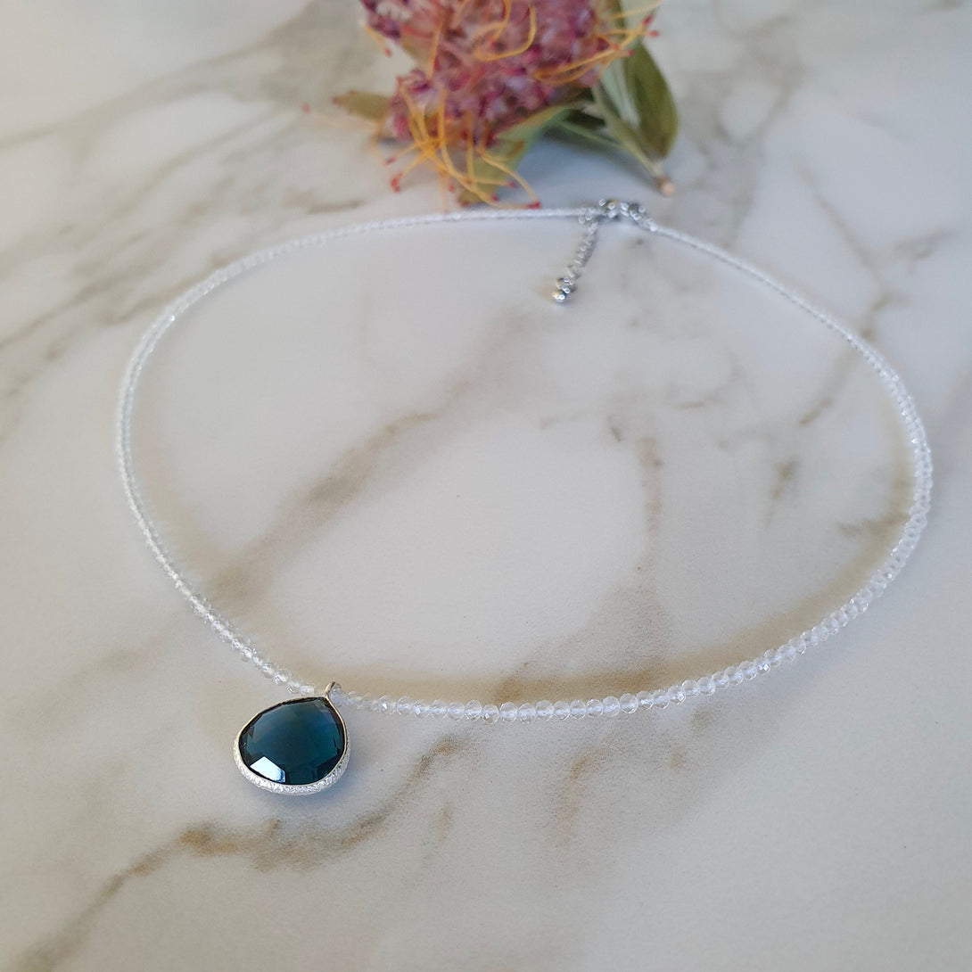 Dainty Clear Quartz And Iolite Bead Choker Necklace, April And September Birthstone Jewellery, Indigo Blue