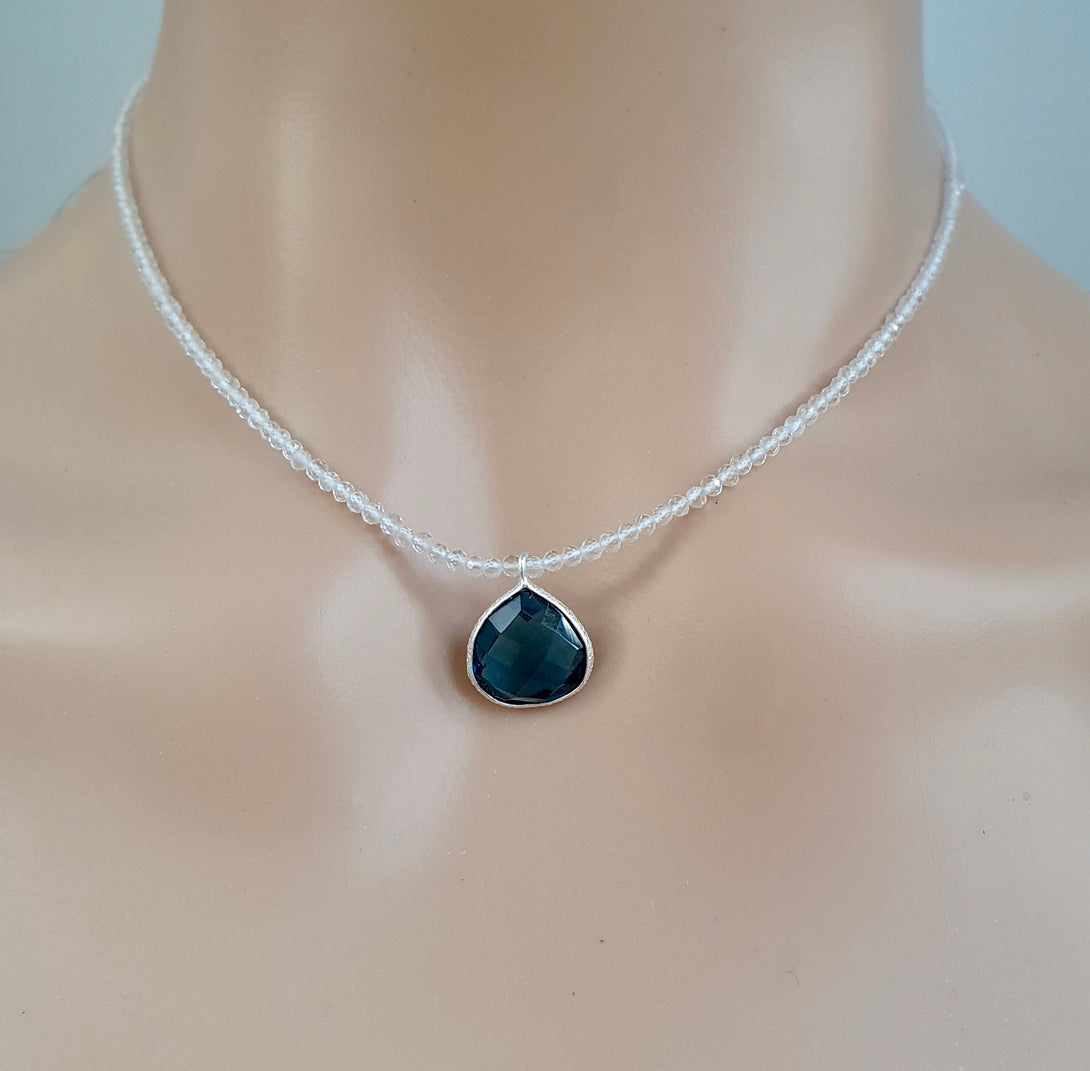 Dainty Clear Quartz And Iolite Bead Choker Necklace, April And September Birthstone Jewellery, Indigo Blue