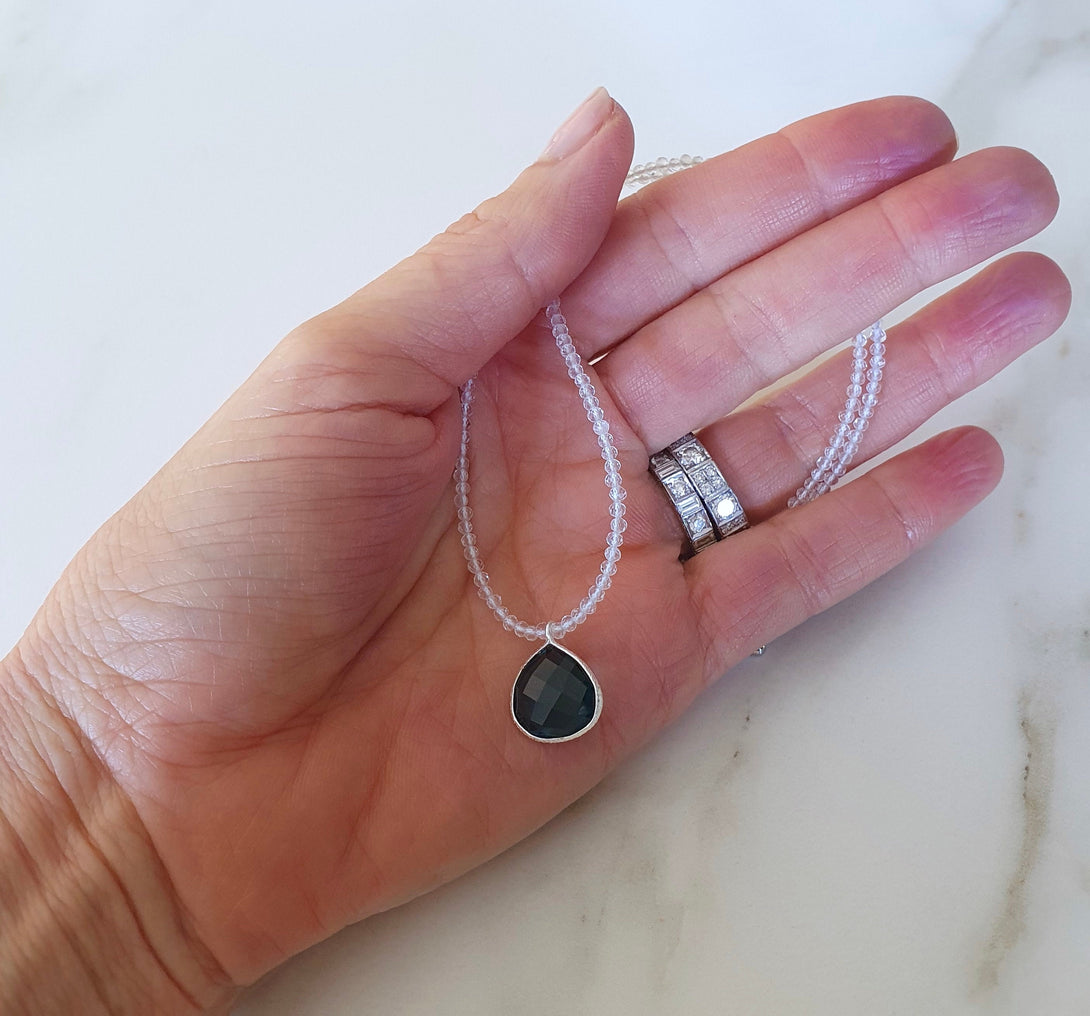 Dainty Clear Quartz And Iolite Bead Choker Necklace, April And September Birthstone Jewellery, Indigo Blue