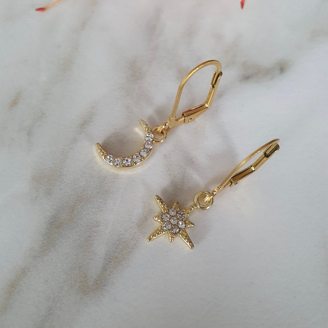 Crescent Moon And Star Gold Hoop Earrings, Asymmetrical Jewellery