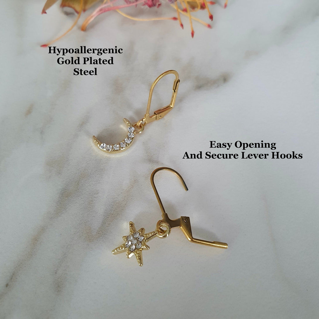 Crescent Moon And Star Gold Hoop Earrings, Asymmetrical Jewellery