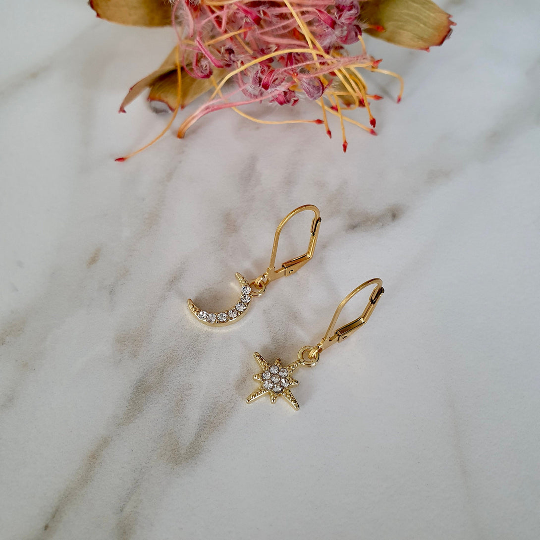 Crescent Moon And Star Gold Hoop Earrings, Asymmetrical Jewellery