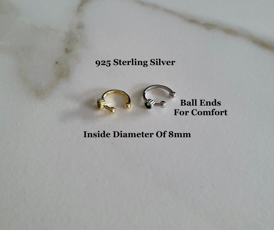 Silver Or Gold Sterling Silver Ear Cuff With Green CZ , No Piercing Required