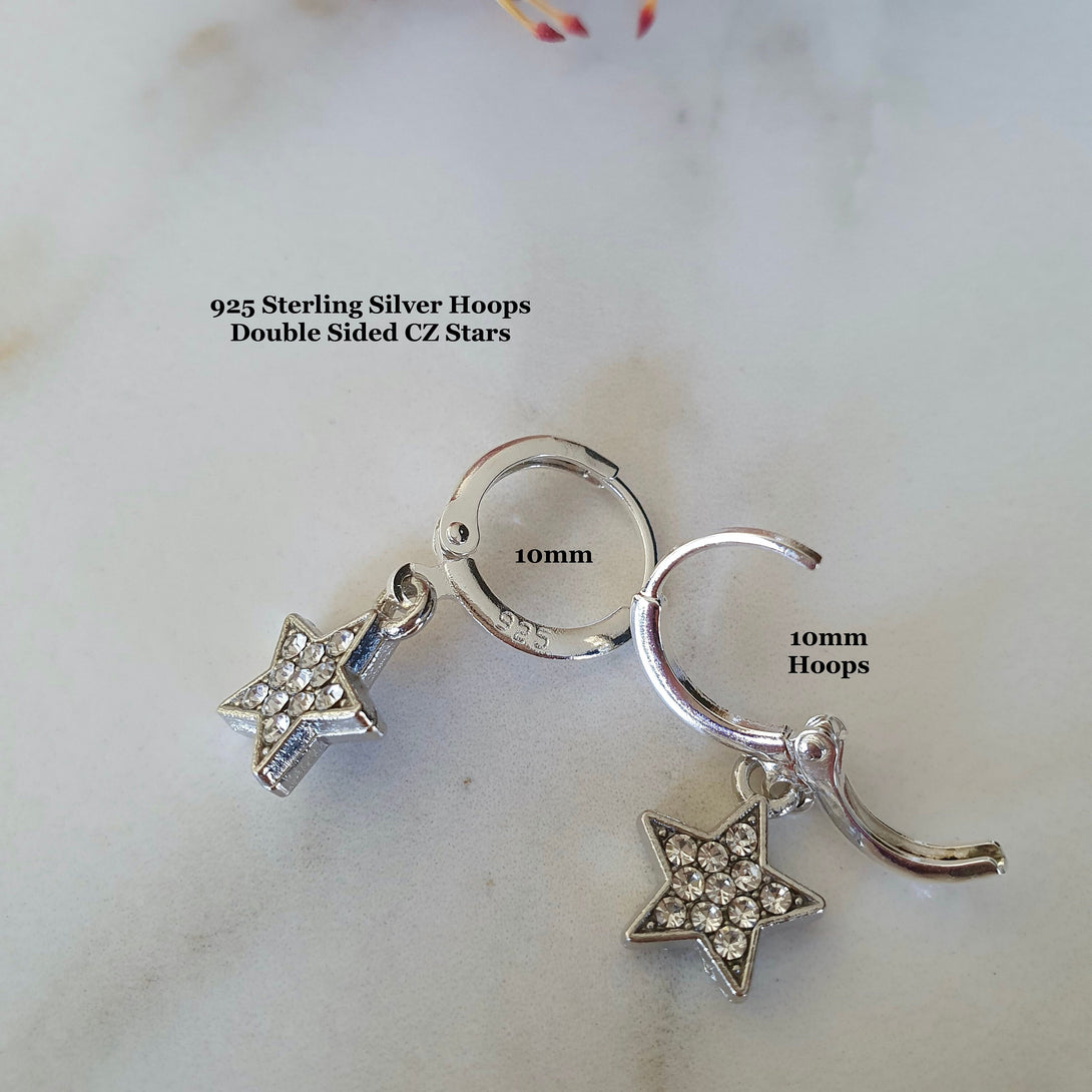 Pair Of Mini Star Huggie Earrings In Sterling Silver, Light Weight Hoops