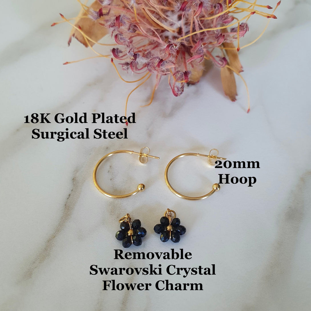 Basic Gold Stud Hoop With Detachable Austrian Crystal Daisy Charms, Hypoallergenic Jewellery