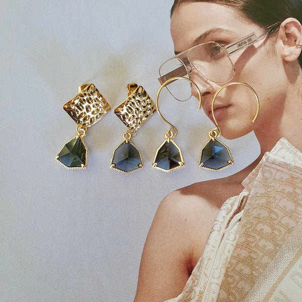 Indigo Blue Crystal And Gold Drop Earrings, Hypoallergenic Timeless Classics