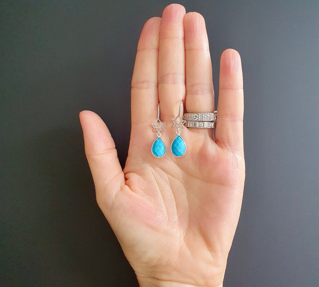 Turquoise And Lotus Drop Earrings In Sterling Silver, December Birthstone Jewellery