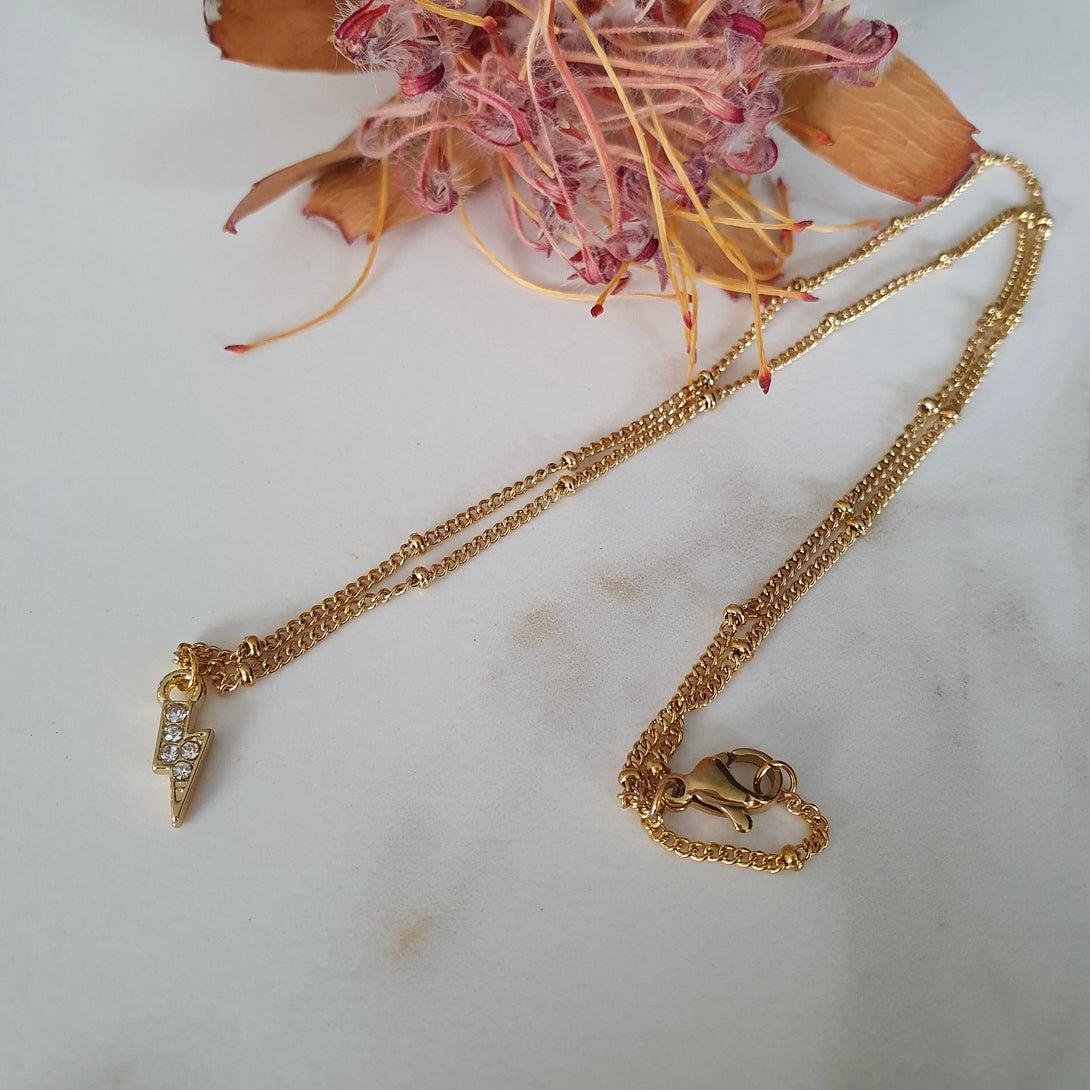 Gold CZ Lightning Bolt Necklace, Symbolic, Inspirational Jewellery