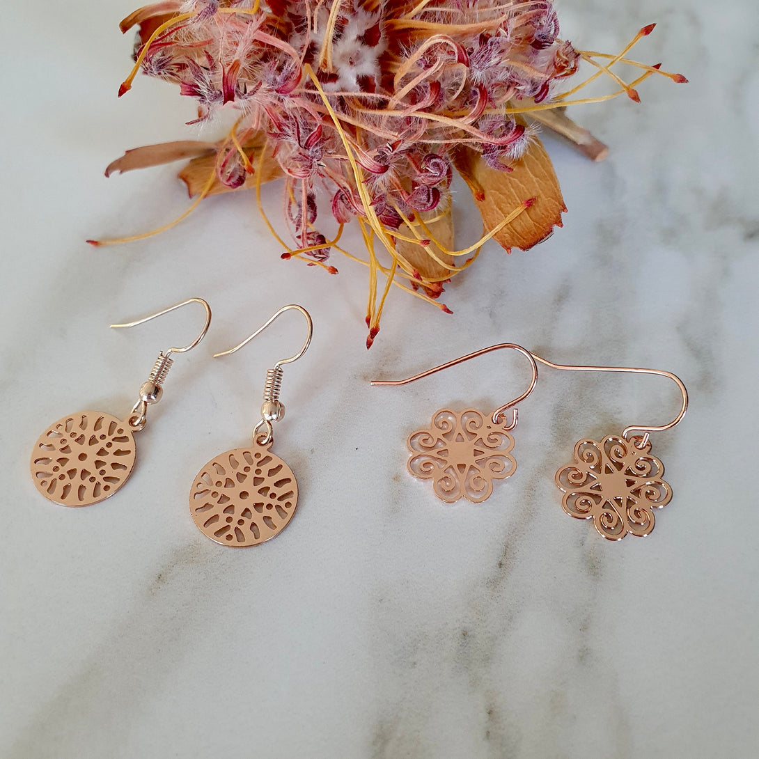 Light Weight Rose Gold Mandala Drop Earrings, Symbolic Jewellery