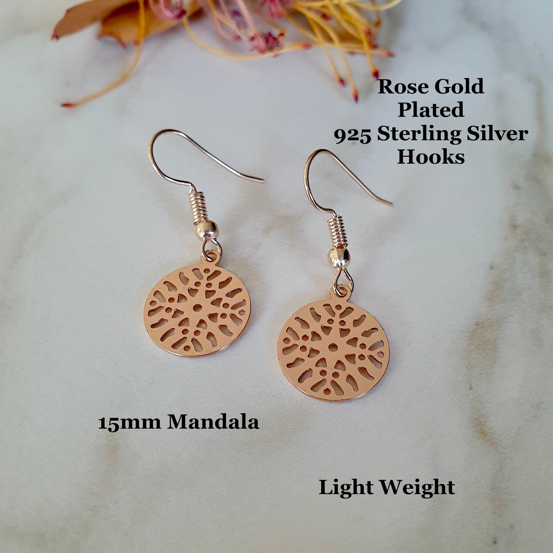 Light Weight Rose Gold Mandala Drop Earrings, Symbolic Jewellery