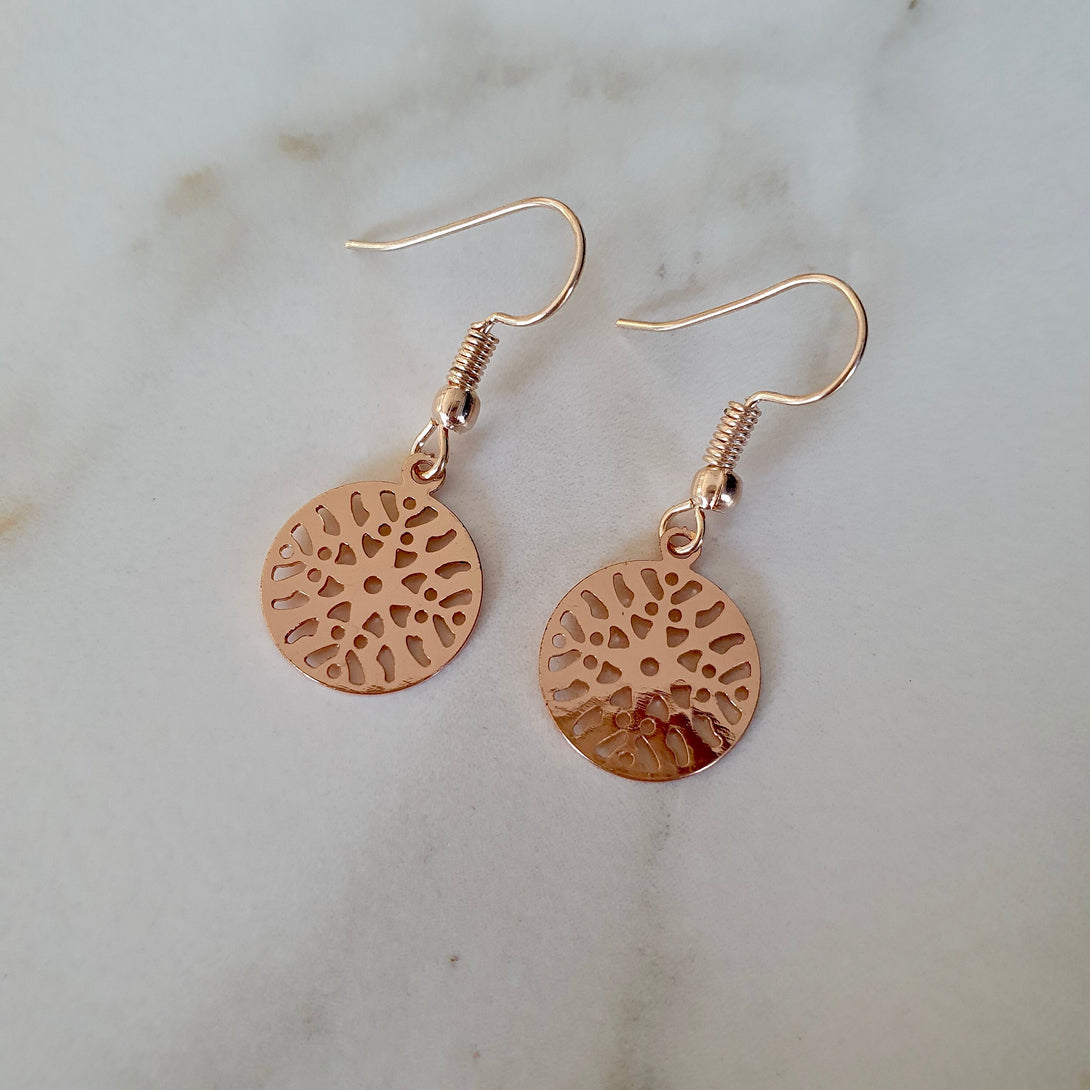 Light Weight Rose Gold Mandala Drop Earrings, Symbolic Jewellery