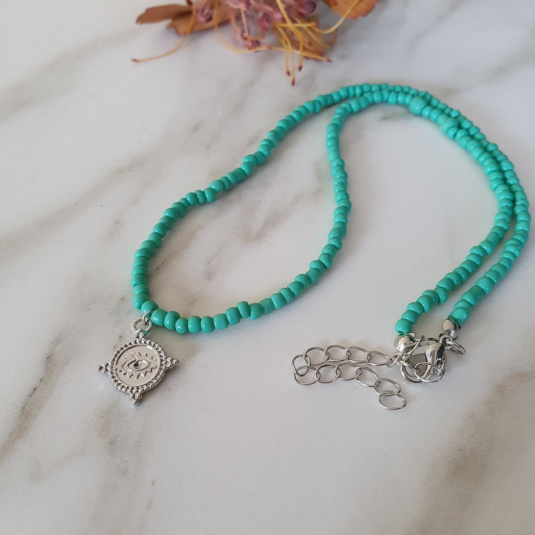 Turquoise Bead Necklace With Evil Eye Charm Pendant, Symbolic, Protective December Birthstone Jewellery