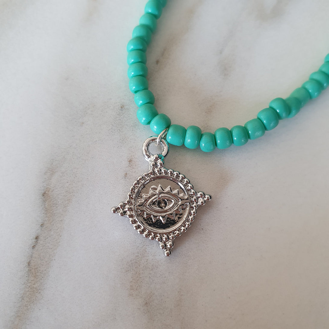 Turquoise Bead Necklace With Evil Eye Charm Pendant, Symbolic, Protective December Birthstone Jewellery