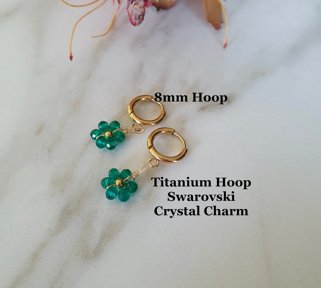 Titanium And Emerald Green Austrian Crystal Daisy Charm Earrings