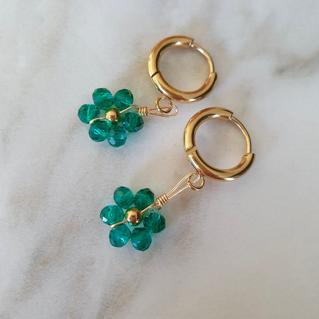 Titanium And Emerald Green Austrian Crystal Daisy Charm Earrings