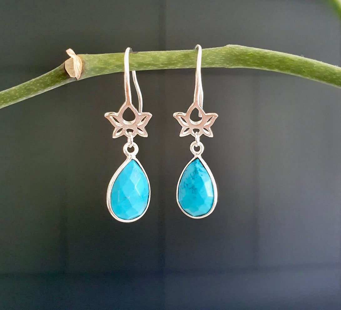 Turquoise And Lotus Drop Earrings In Sterling Silver, December Birthstone Jewellery