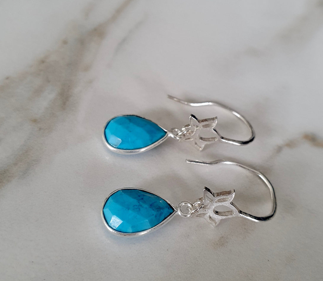 Turquoise And Lotus Drop Earrings In Sterling Silver, December Birthstone Jewellery