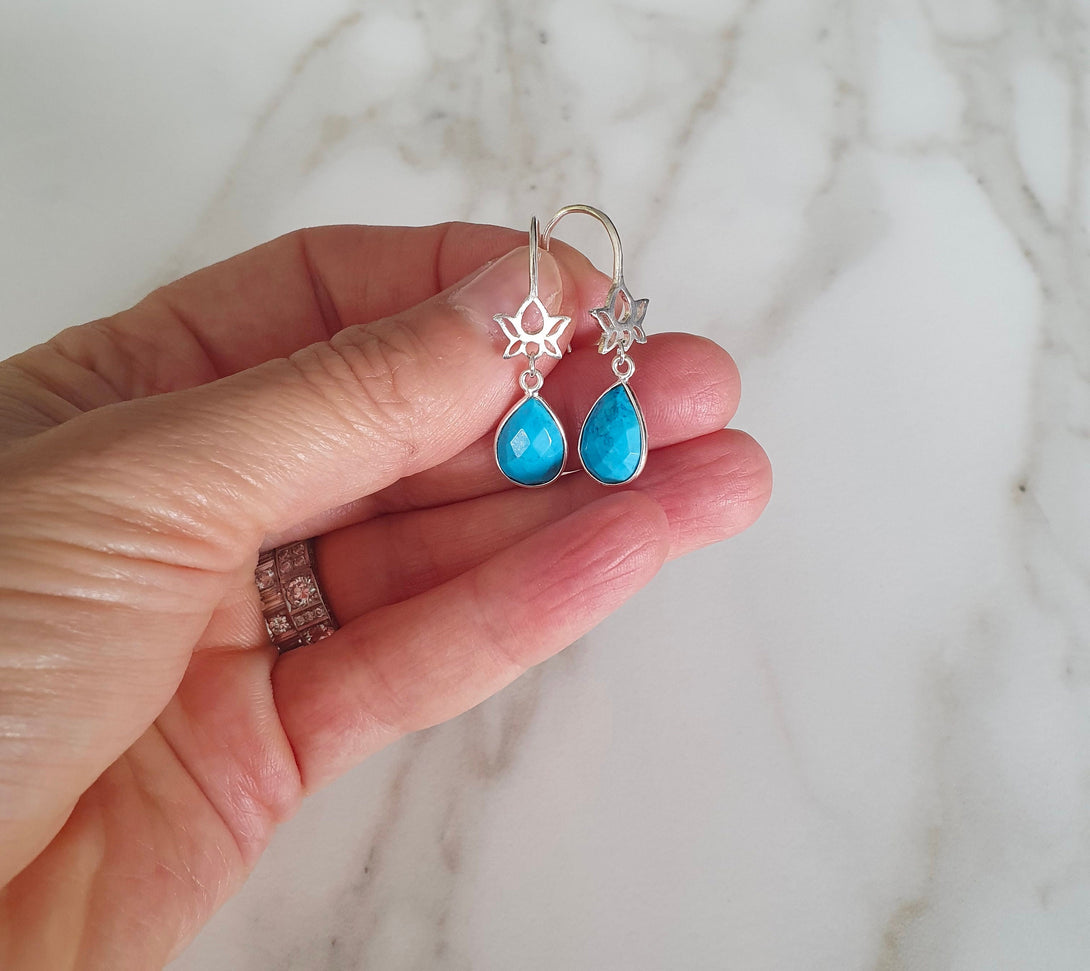 Turquoise And Lotus Drop Earrings In Sterling Silver, December Birthstone Jewellery