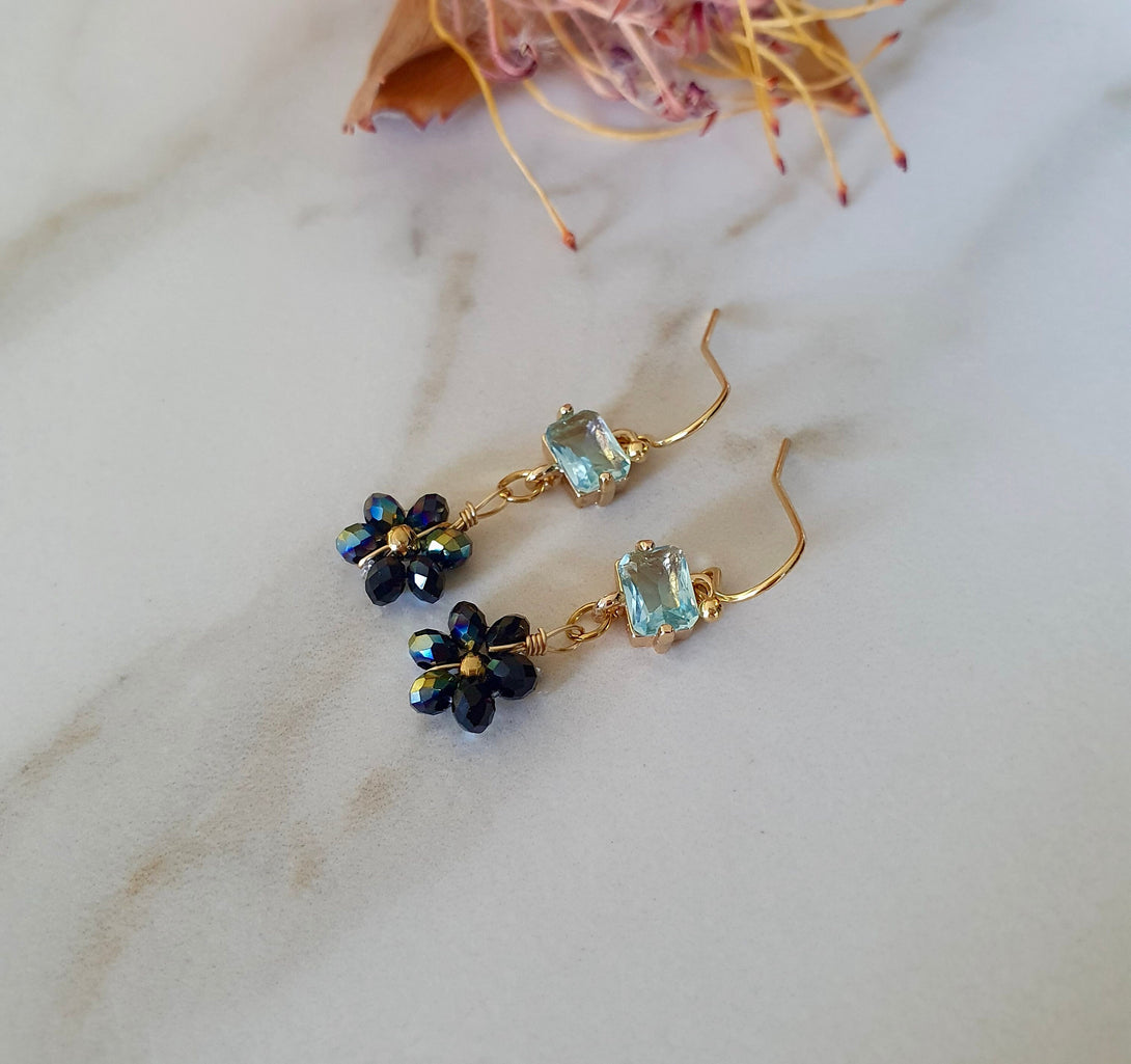 Aquamarine Crystal And Daisy Bead Flower Drop Earrings, March And April Birthday Gifts