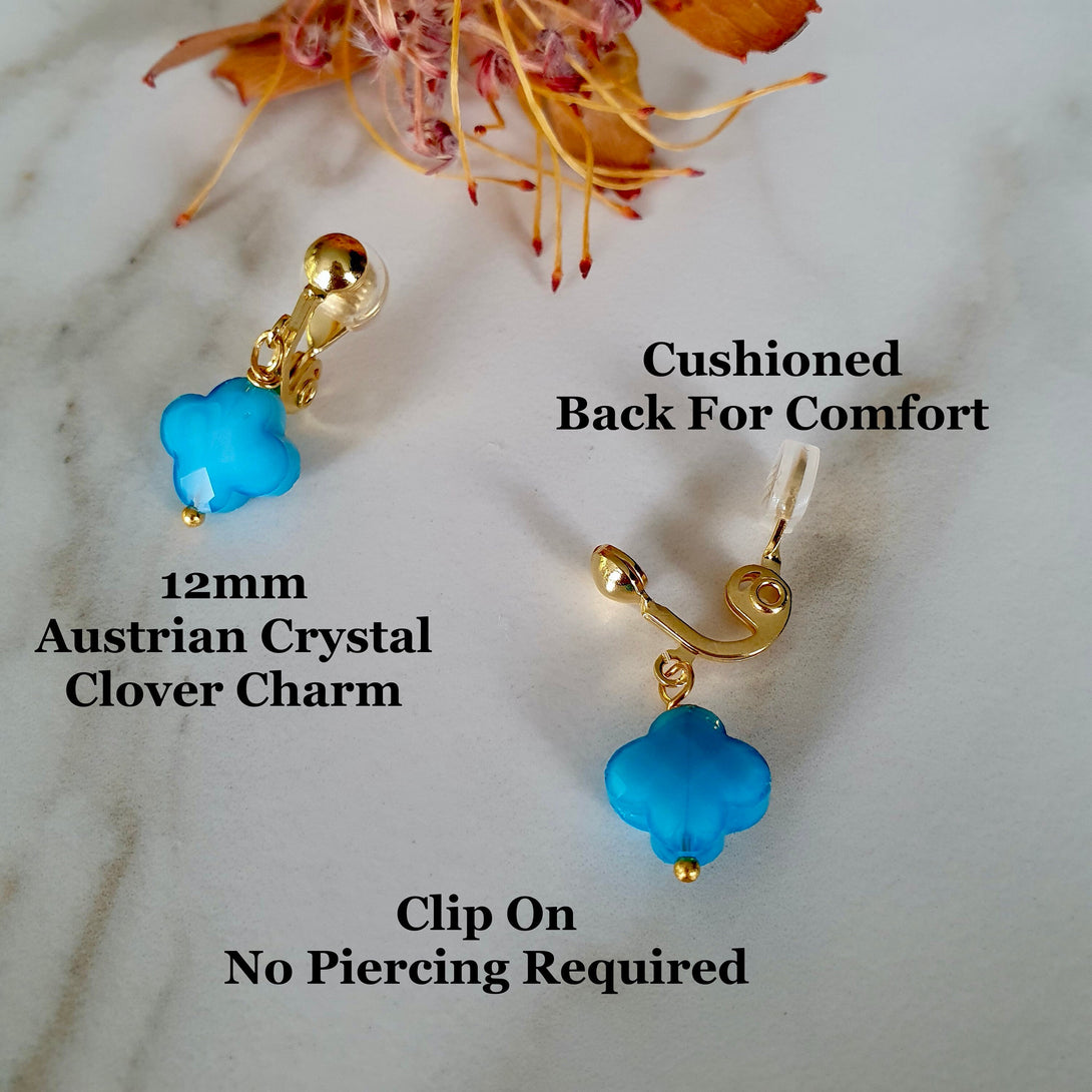 Clip On Austrian Crystal Clover Charm Earrings, No Piercing Required